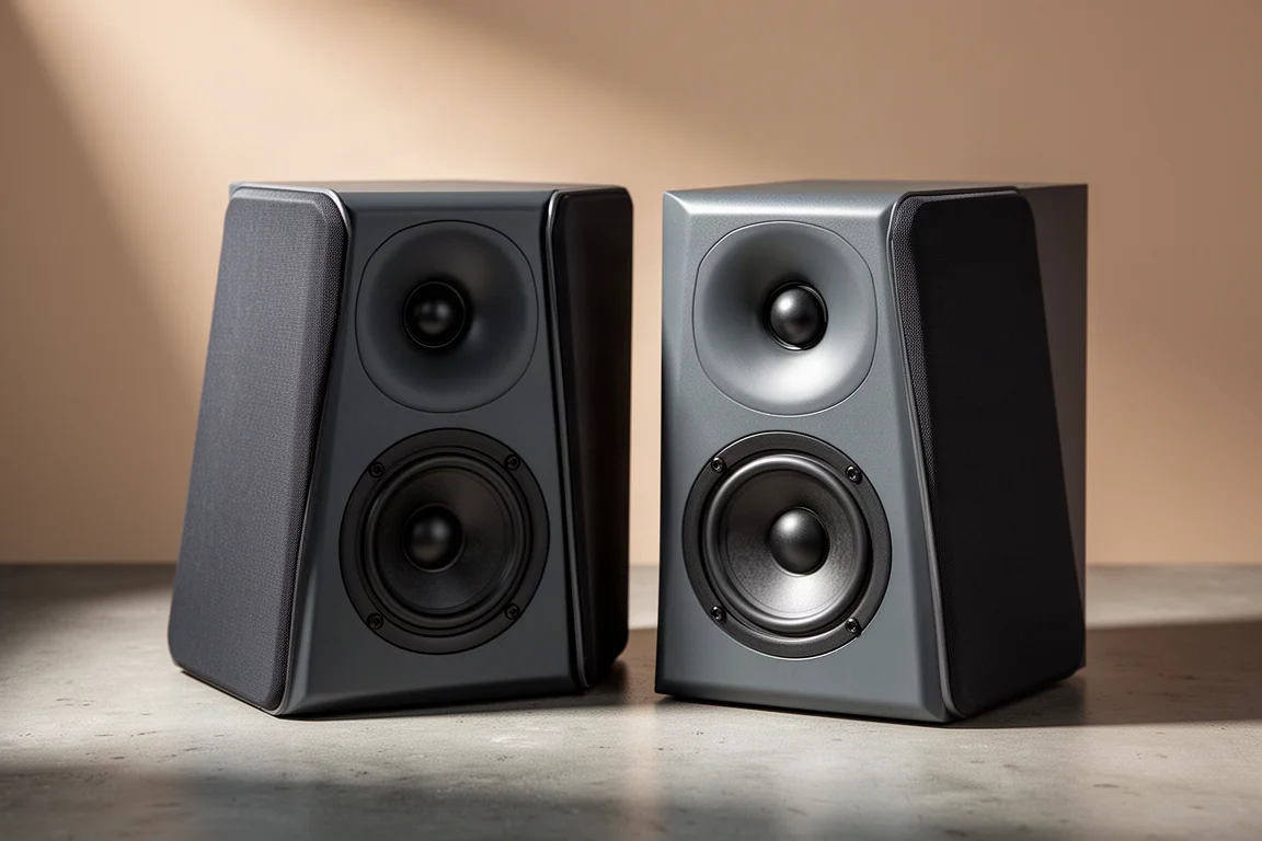 Pair of compact sealed bookshelf speakers with matte grey cabinets on a concrete surface