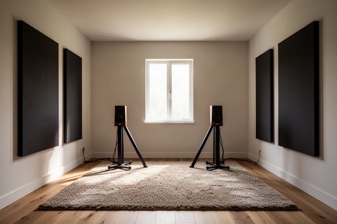 Sala de escucha tratada con paneles acústicos laterales y dos soportes de altavoz vacíos