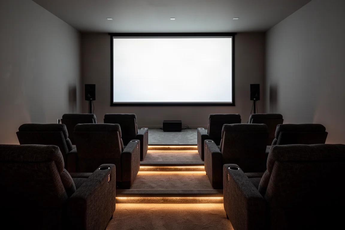 Sala de cine en casa vacía con dos filas de asientos y una pantalla de proyección iluminada
