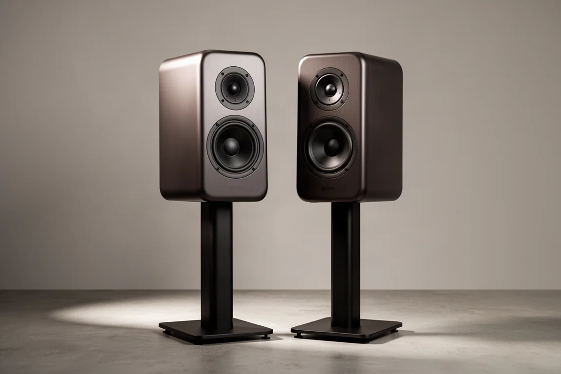 Two dark two-way monitor speakers on stands in a quiet listening room