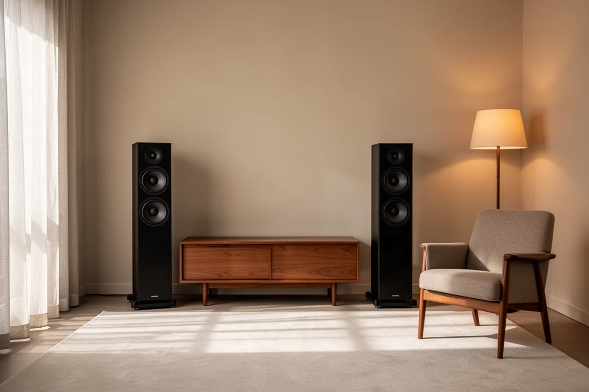 Pair of tall black floorstanding speakers in a softly lit listening room