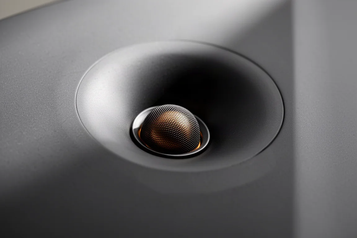 Close-up of a soft dome tweeter set into a circular waveguide on a speaker baffle