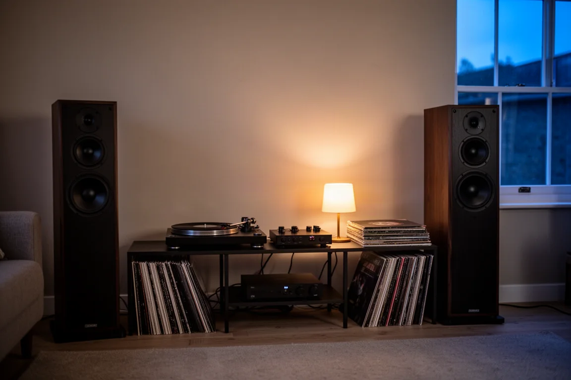 Floorstanding speakers in a dim living room at dusk with warm ambient light