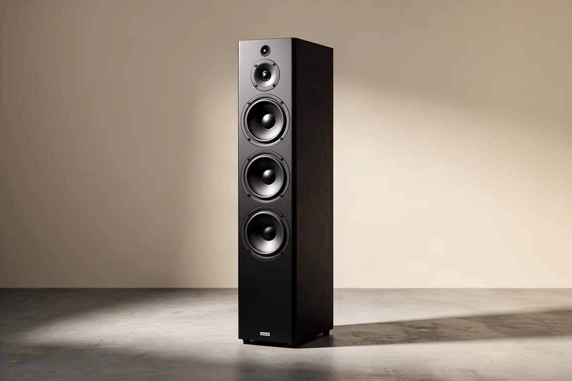 Tall black floorstanding tower speaker with four woofers and a tweeter on a concrete floor