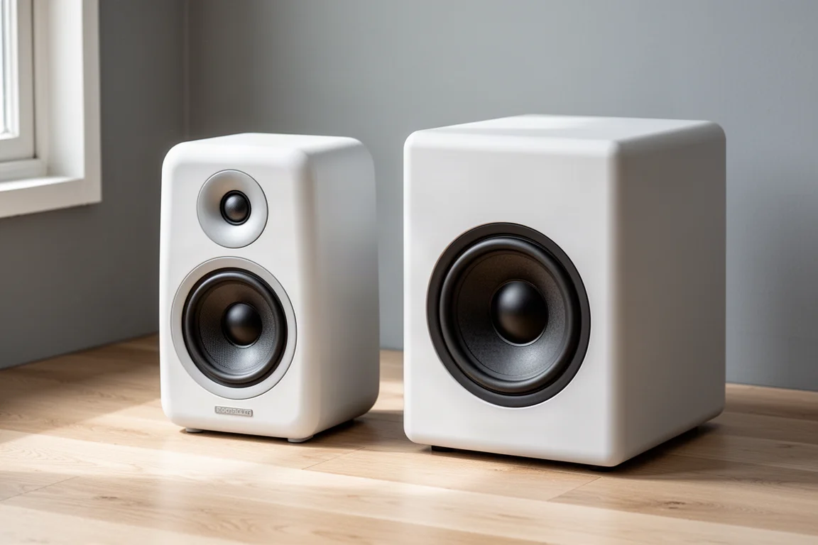 Matte white Arendal 1961 bookshelf speaker and matching subwoofer on a pale oak floor