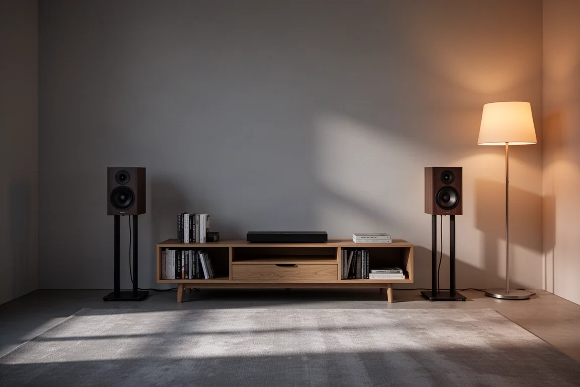 Kleine Hör-Ecke im Wohnzimmer in der Dämmerung mit kompakten Lautsprechern auf Ständern