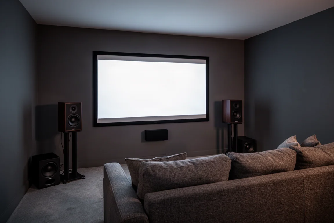 Kompakter Heimkino-Raum mit kleinen Lautsprechern neben einer Leinwand und einem Subwoofer in der Ecke
