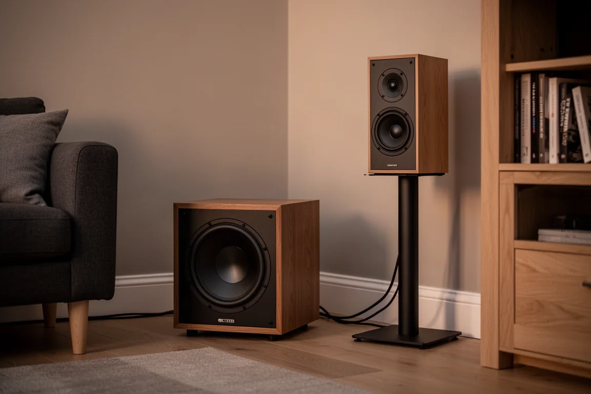 Subwoofer in einer Wohnzimmer-Ecke neben einem kompakten Lautsprecher auf einem Ständer