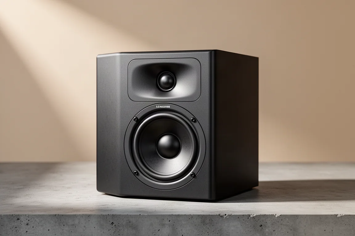 Compact dark two-way bookshelf speaker with tweeter waveguide and midwoofer on a concrete surface