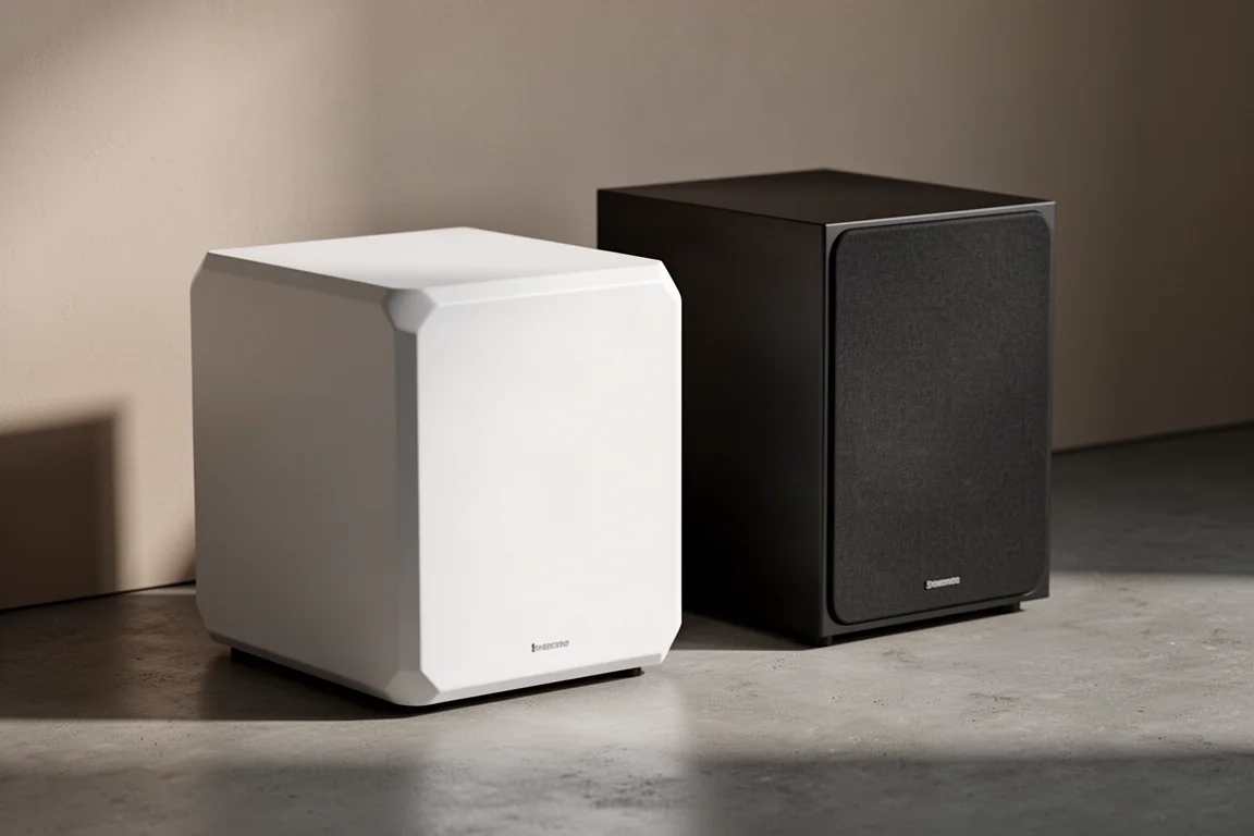 Matte white and matte black subwoofer cabinets side by side on a concrete floor