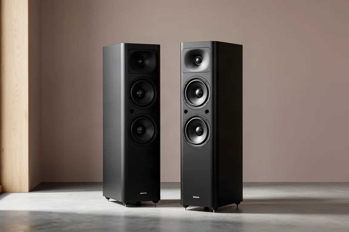 Slim matte black floorstanding speaker in a minimal listening room with oak flooring