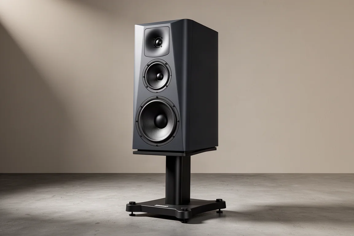 Large three-way stand-mounted loudspeaker with dark matte finish on a heavy stand