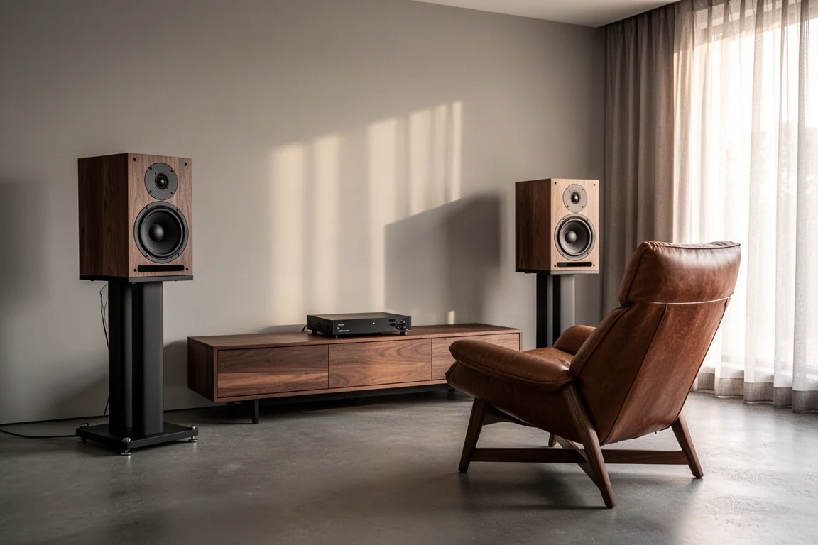Altavoces de estantería grandes sobre soportes negros flanqueando un mueble bajo de madera en una sala de escucha luminosa