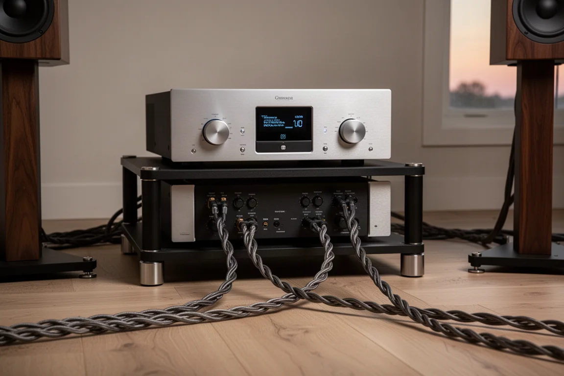 Rack de amplificador estéreo con cables de altavoz gruesos y soportes en un salón