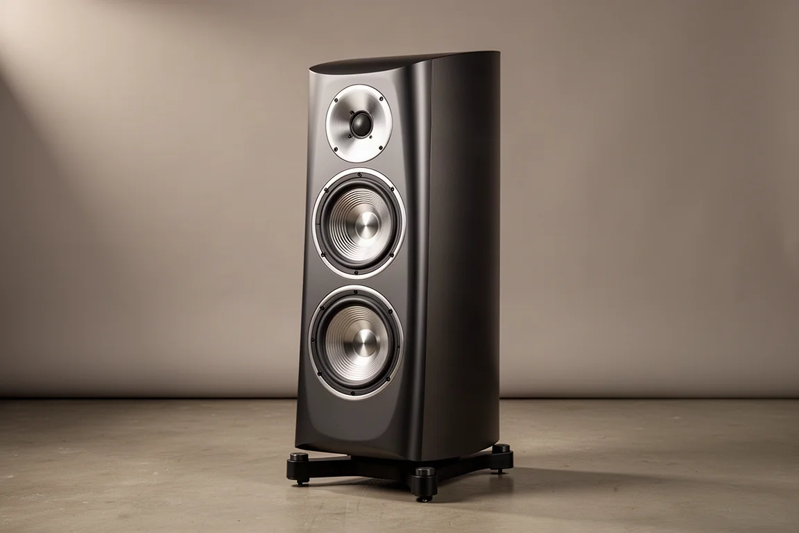 Large three-way standmount speaker on a black stand against a grey studio backdrop