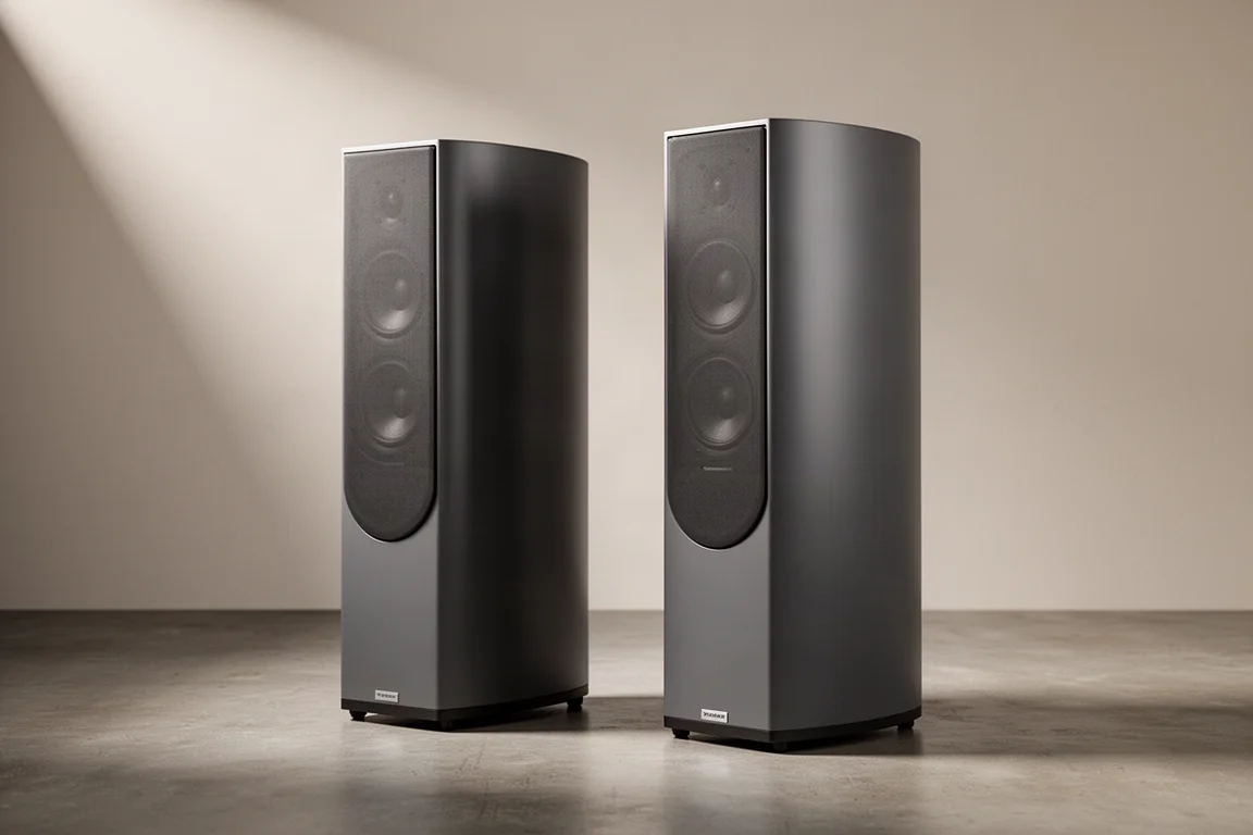 Two tall curved floorstanding speakers in matte dark grey on a concrete floor