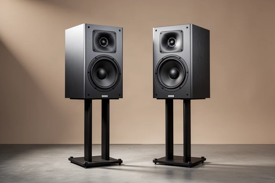 Pair of dark three-way stand-mount speakers on stands against a grey studio backdrop