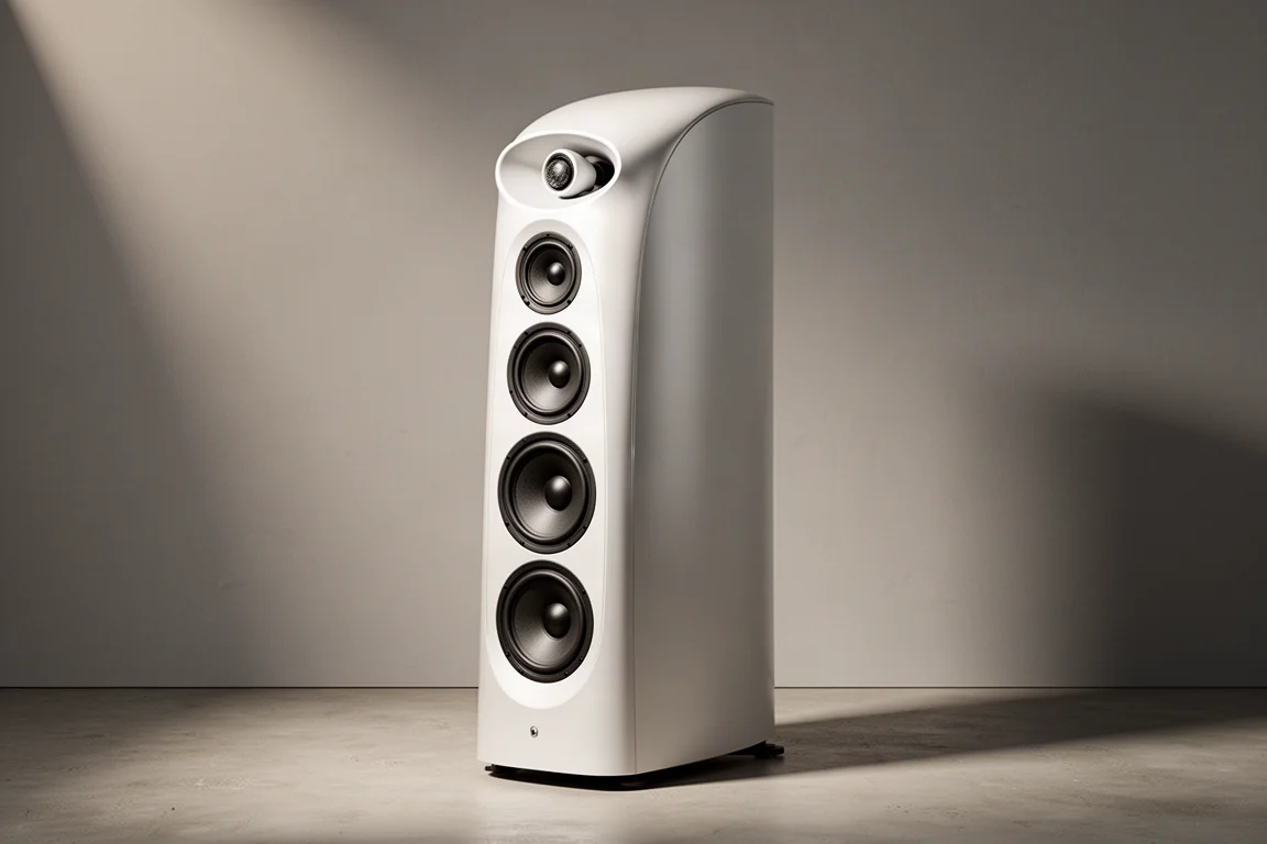 Pair of tall white three-way floorstanding loudspeakers in a minimalist listening room