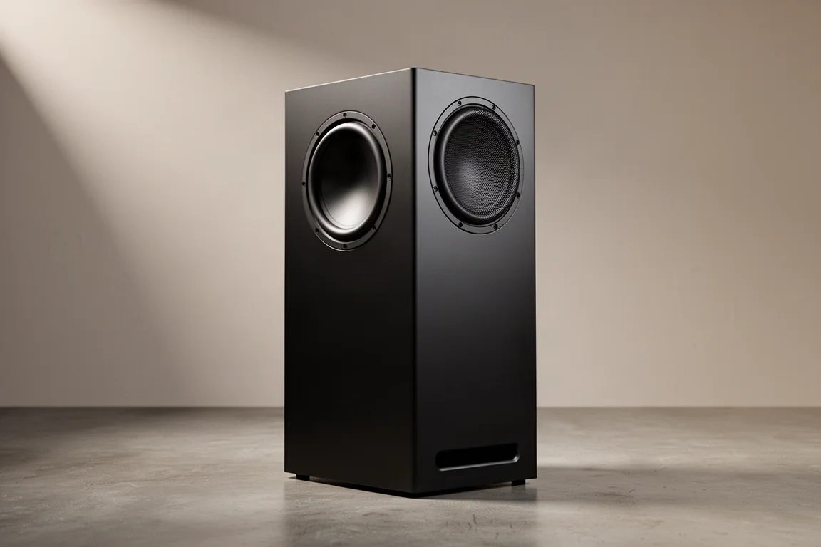 Tall narrow matte black subwoofer cabinet with side-mounted driver on a concrete floor