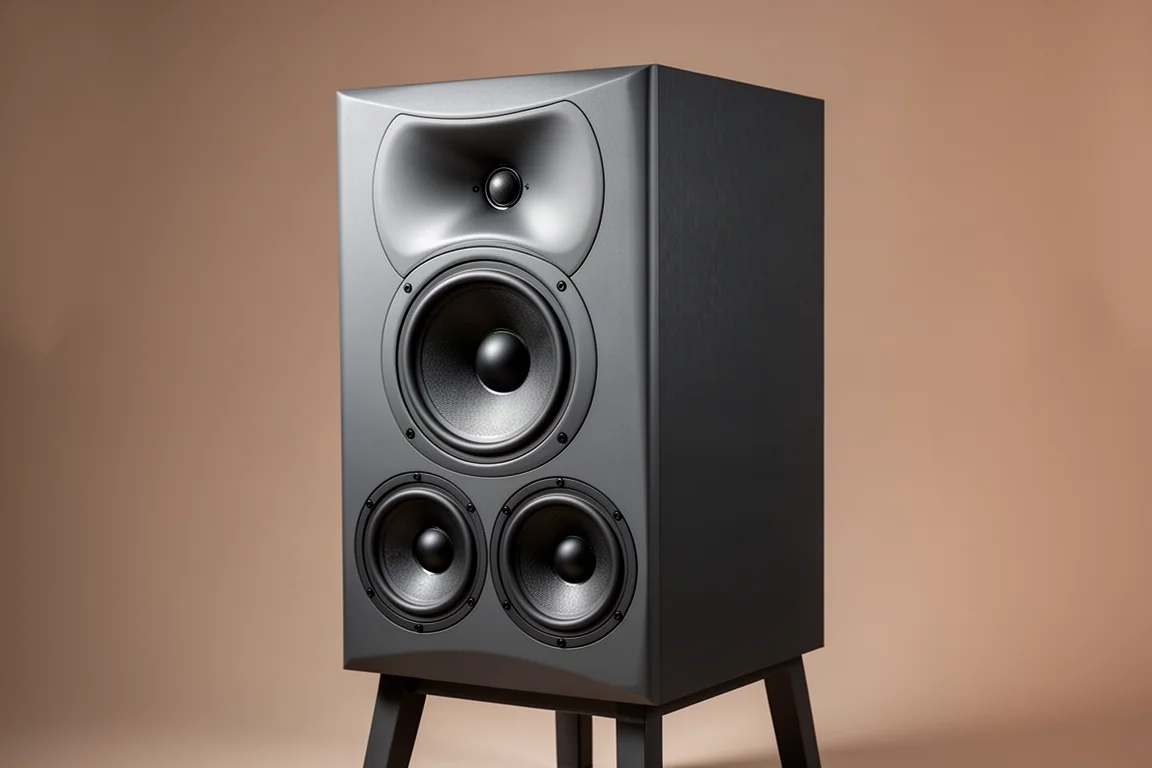 Large matte charcoal two-way bookshelf speaker with dual woofers on a grey backdrop