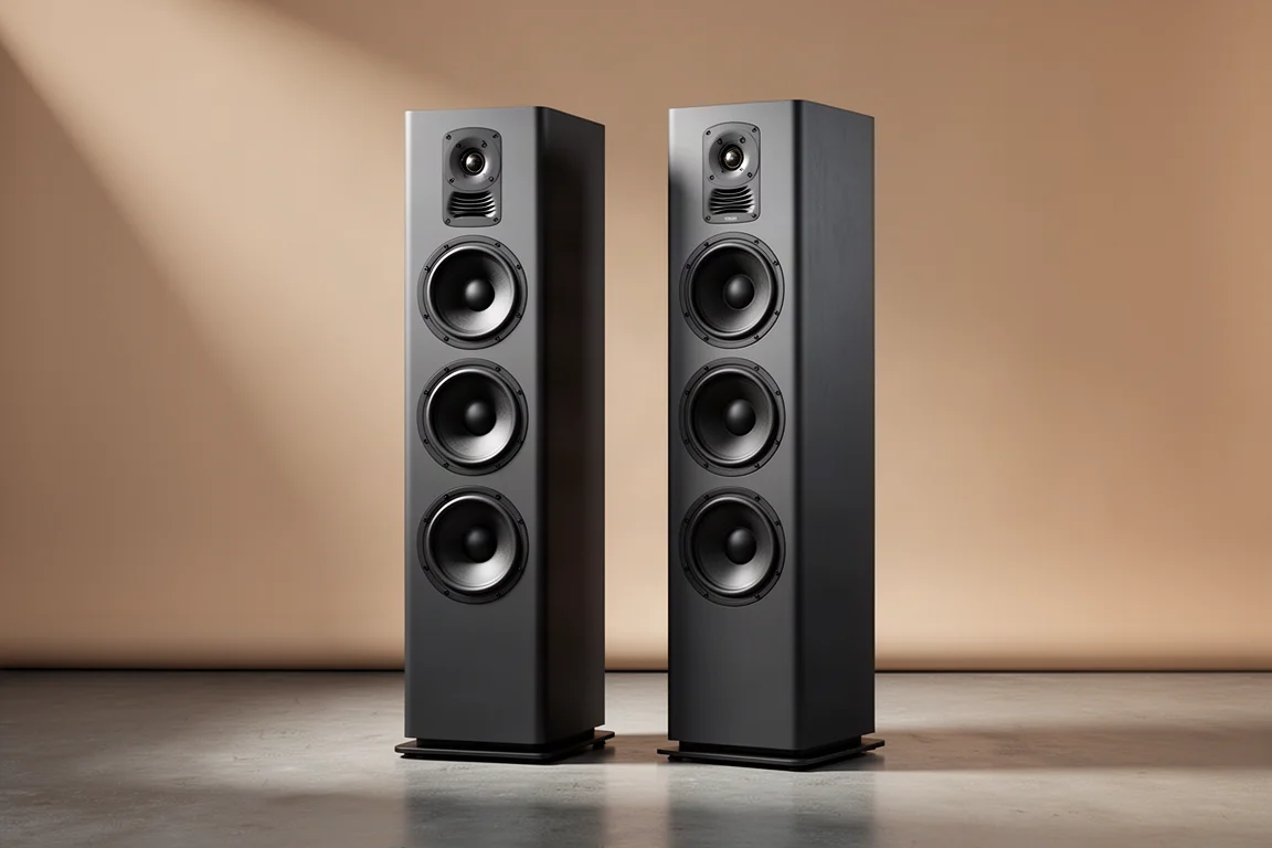 Pair of tall matte dark floorstanding tower speakers on a polished concrete floor