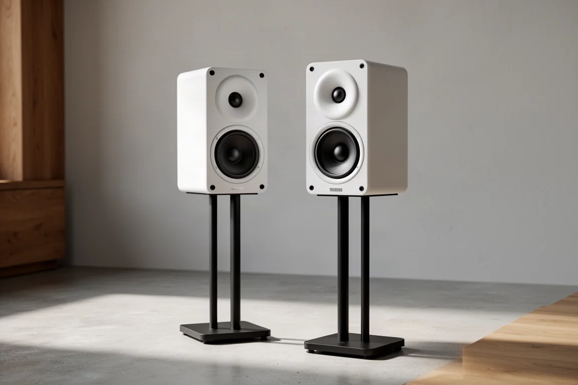 Slim white stand-mount speakers on stands in a minimal living room with pale concrete floor