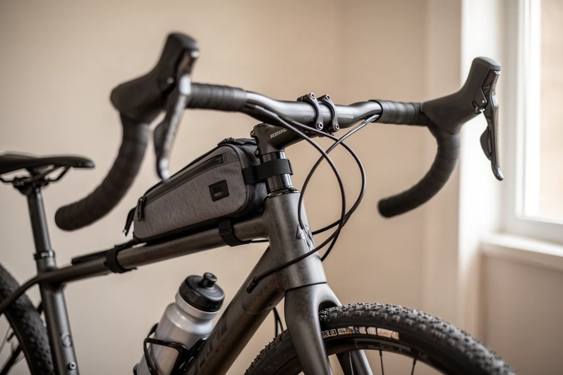 Gravelcyklist som kör snabbt på en öppen grusväg i gyllene timmen