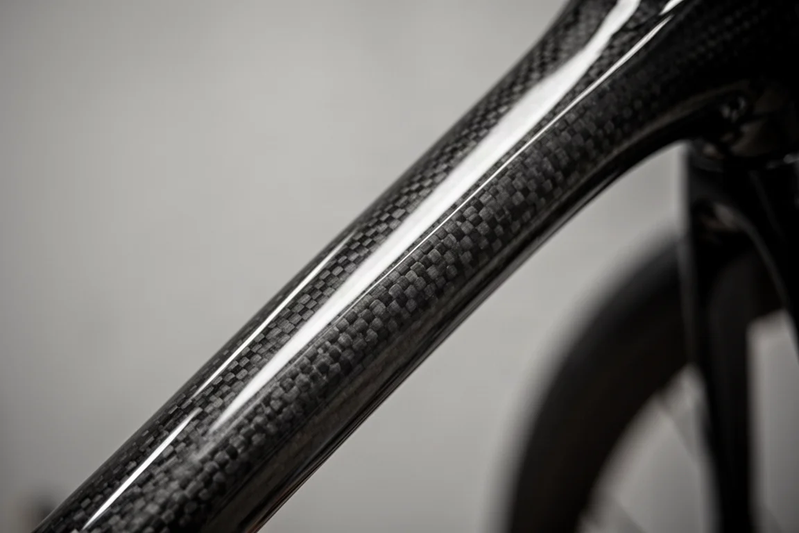 Makrovy av kolfiberväv synlig under en blank klarlack på ett rör på en cykelram