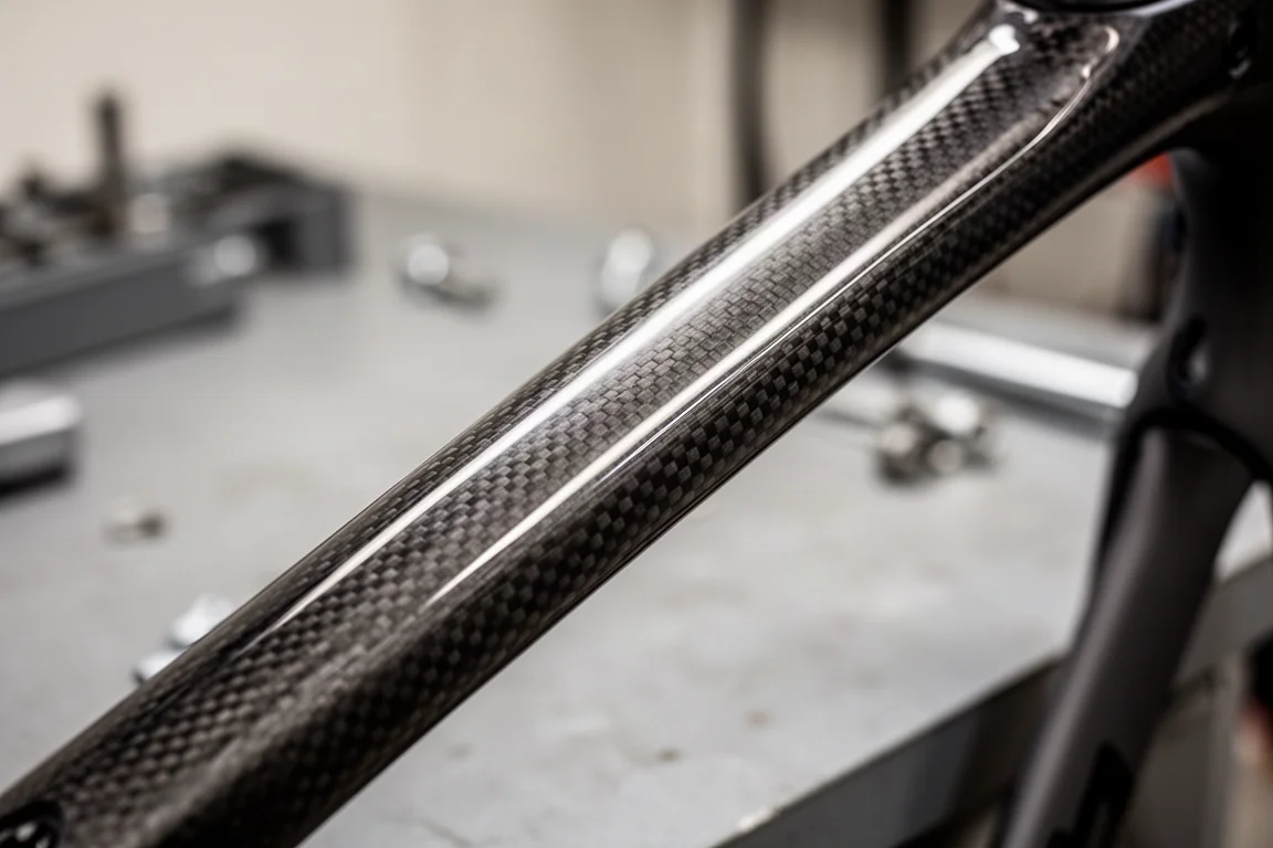 Close-up van carbonweefsel zichtbaar onder een glanzende blanke lak op een fietsframe