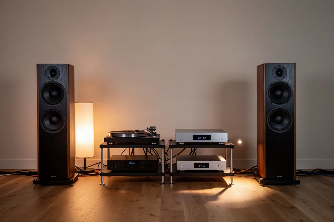 Salle d'écoute haut de gamme au crépuscule avec enceintes, platine vinyle et streamer