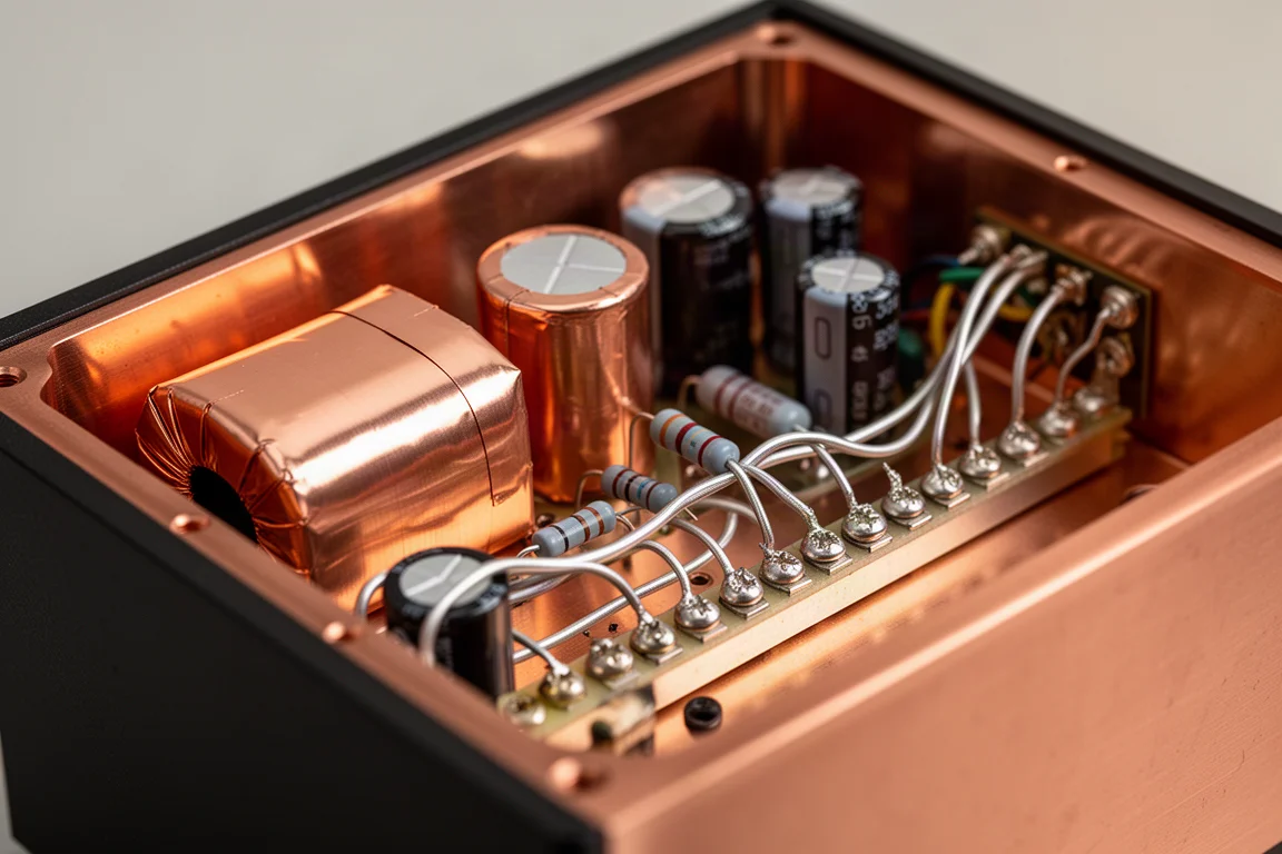 Vue macro d'un châssis audio doublé de cuivre avec condensateurs et câblage