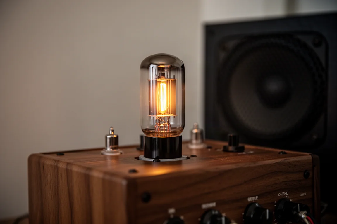Tube à vide incandescent sur un châssis d'amplificateur en bois dans une pièce sombre