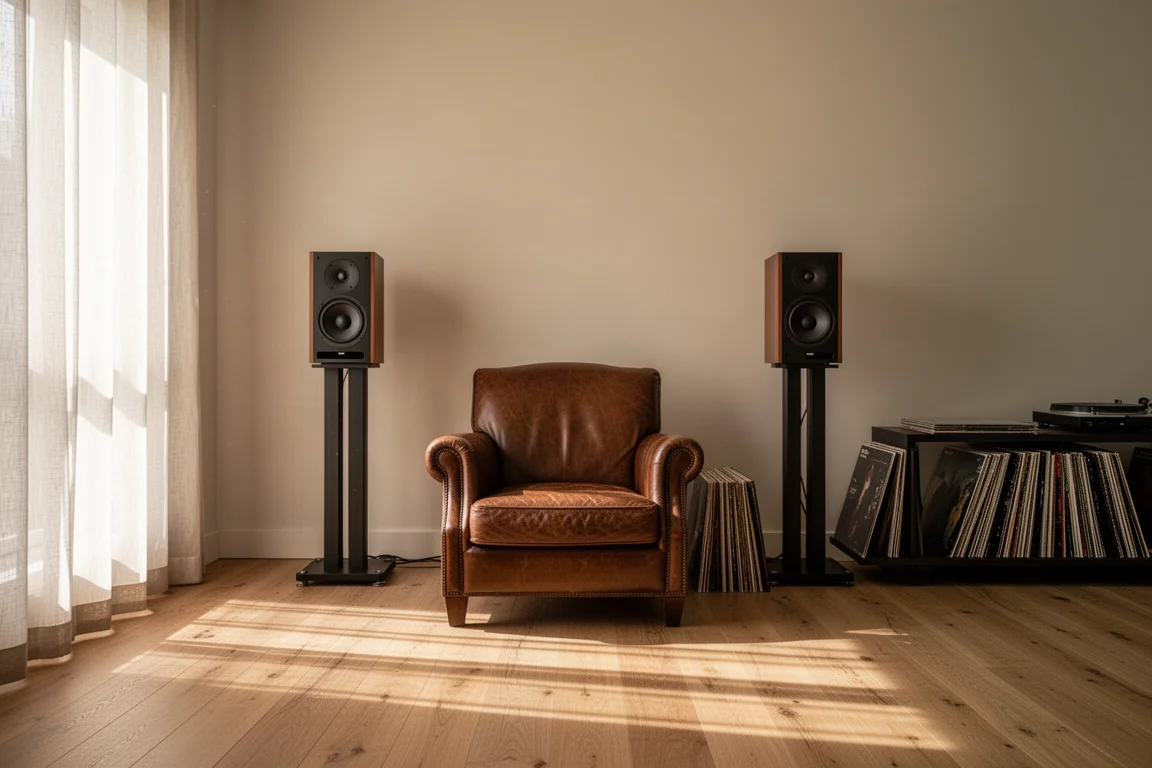 Fauteuil en cuir face à des enceintes sur pieds dans une salle d'écoute ensoleillée