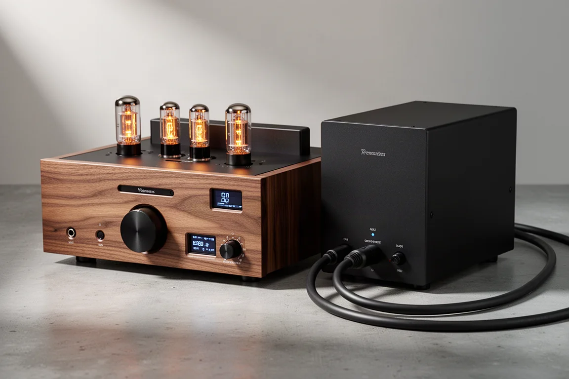 Handcrafted walnut tube preamplifier and matching power supply on a concrete surface