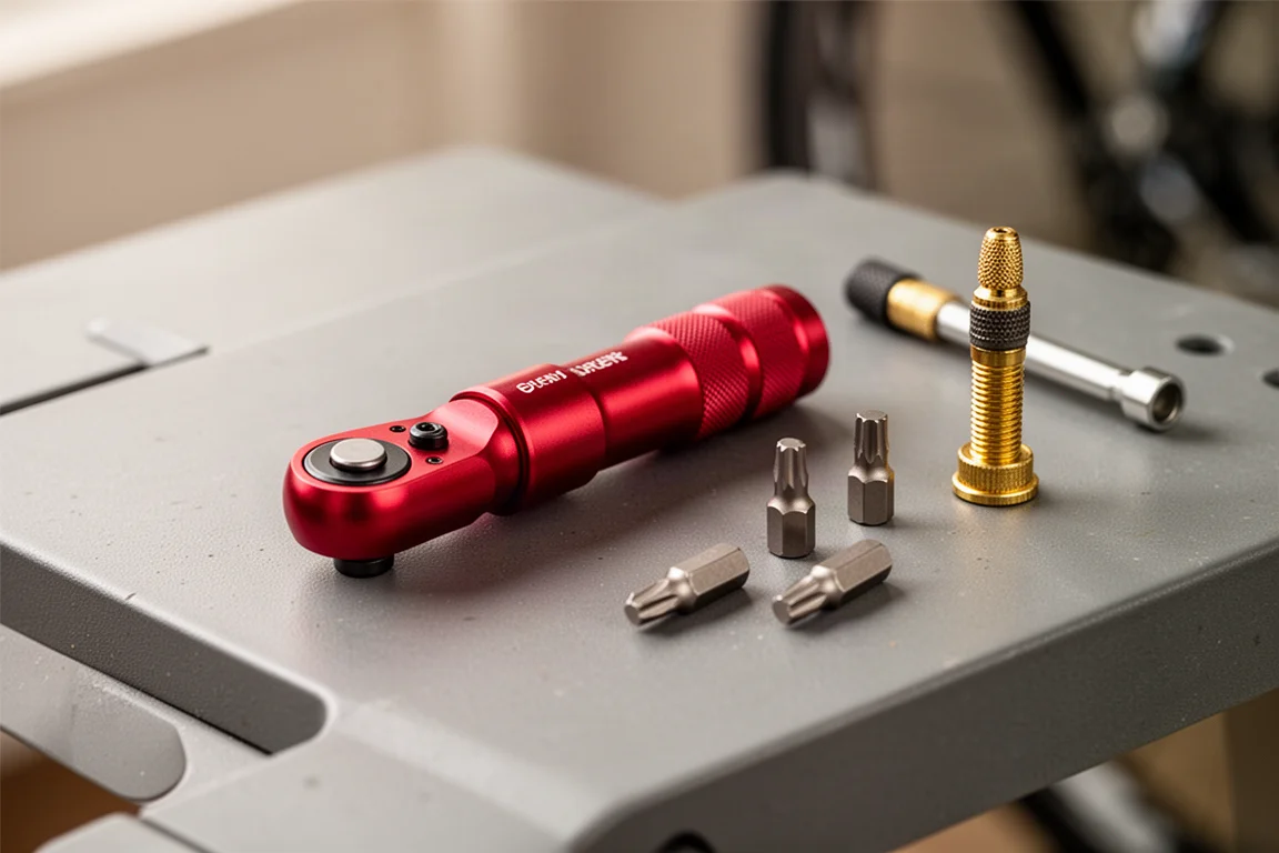Red anodized aluminum micro ratchet held beside small bike components on a workbench