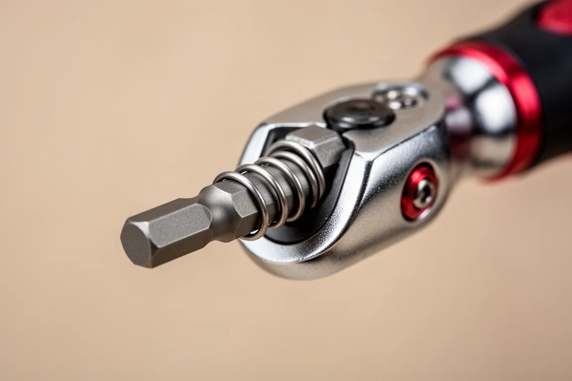 Close-up of a ratchet head with a spring-loaded bit holder gripping a hex bit