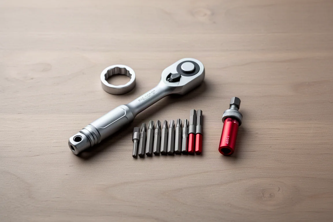 Flat-lay of a minimal ultralight tool kit laid out on a wooden surface