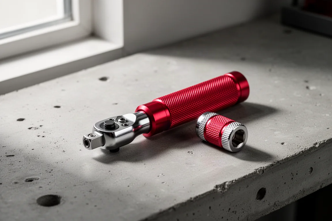 Rode geanodiseerde aluminium micro ratel op een betonnen werkbank