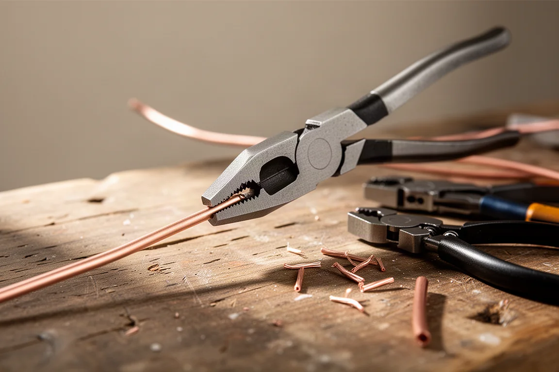 Schuine tang die een elektriciteitsdraad vastpakt op een werkbank
