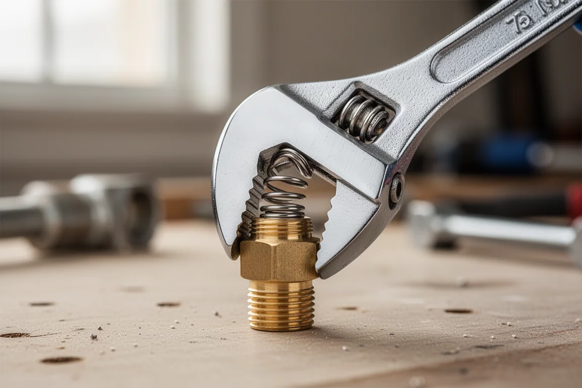 Spring-loaded crow's foot wrench head clamped onto a small brass fitting