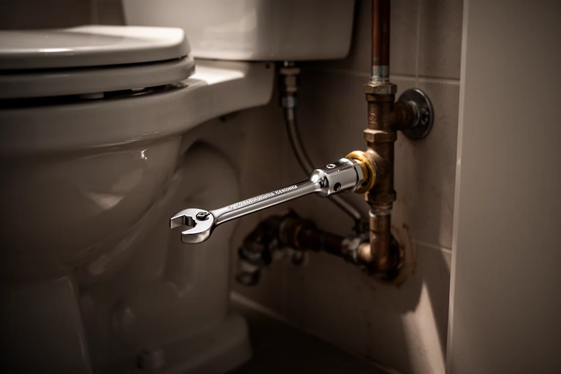 Crow's foot wrench working on a supply line fitting behind a toilet
