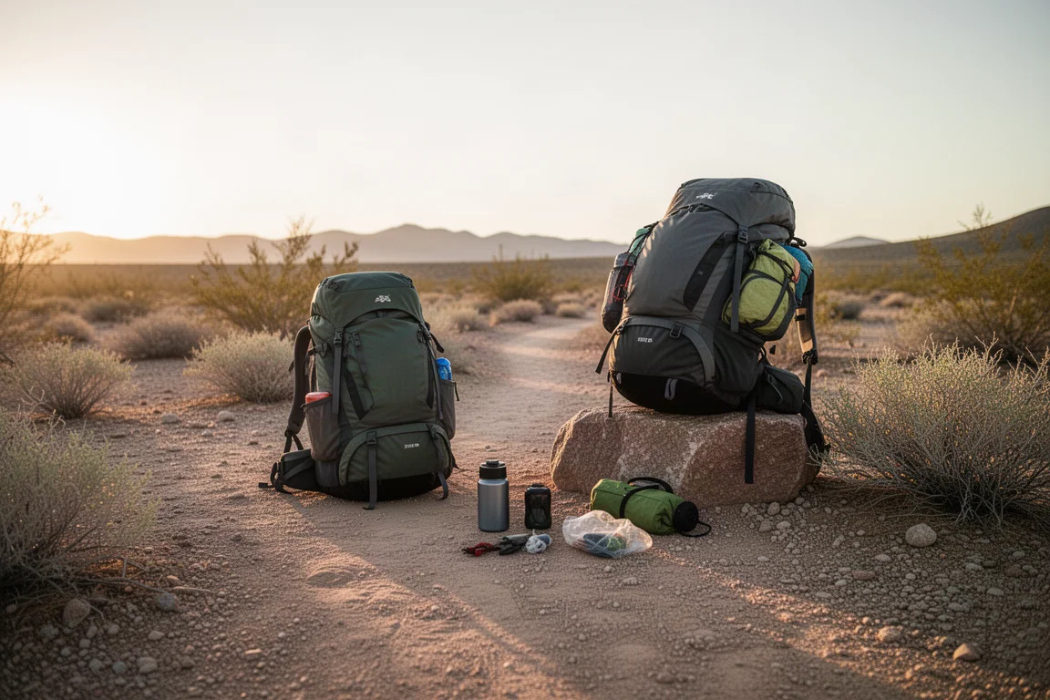 Campamento de excursionista al atardecer en una meseta desértica con equipo dispuesto sobre arenisca
