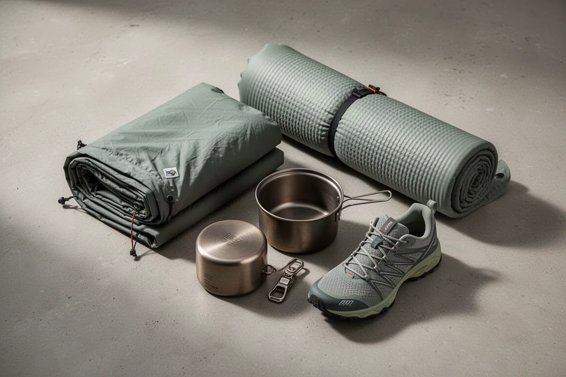 Ultralight backpacking gear arranged on a concrete surface in soft light