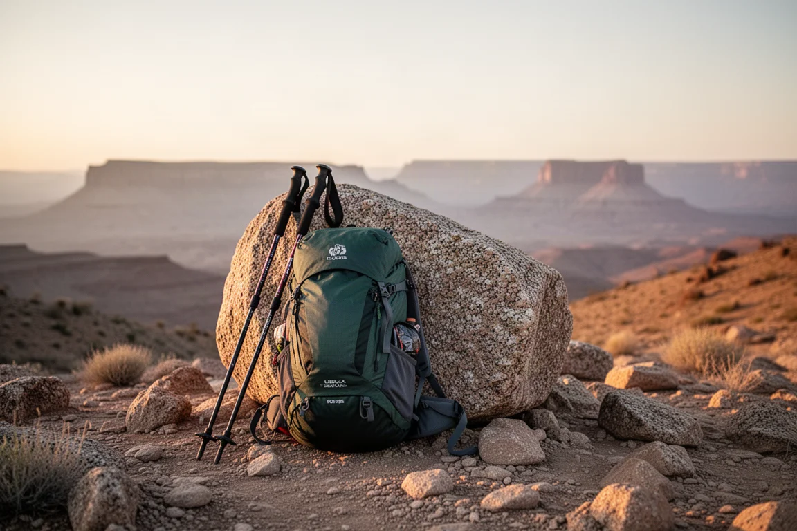 Crinale del deserto all'ora dorata con un piccolo zaino ultraleggero e due bastoncini da trekking