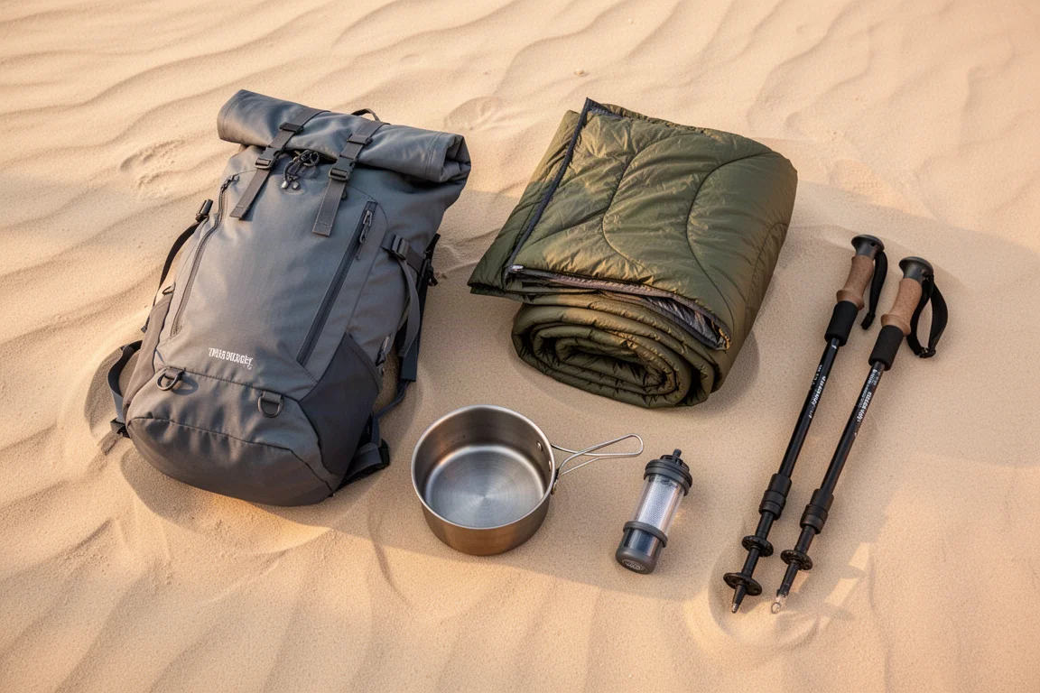 Flat-lay of ultralight thru-hiking gear on a concrete surface