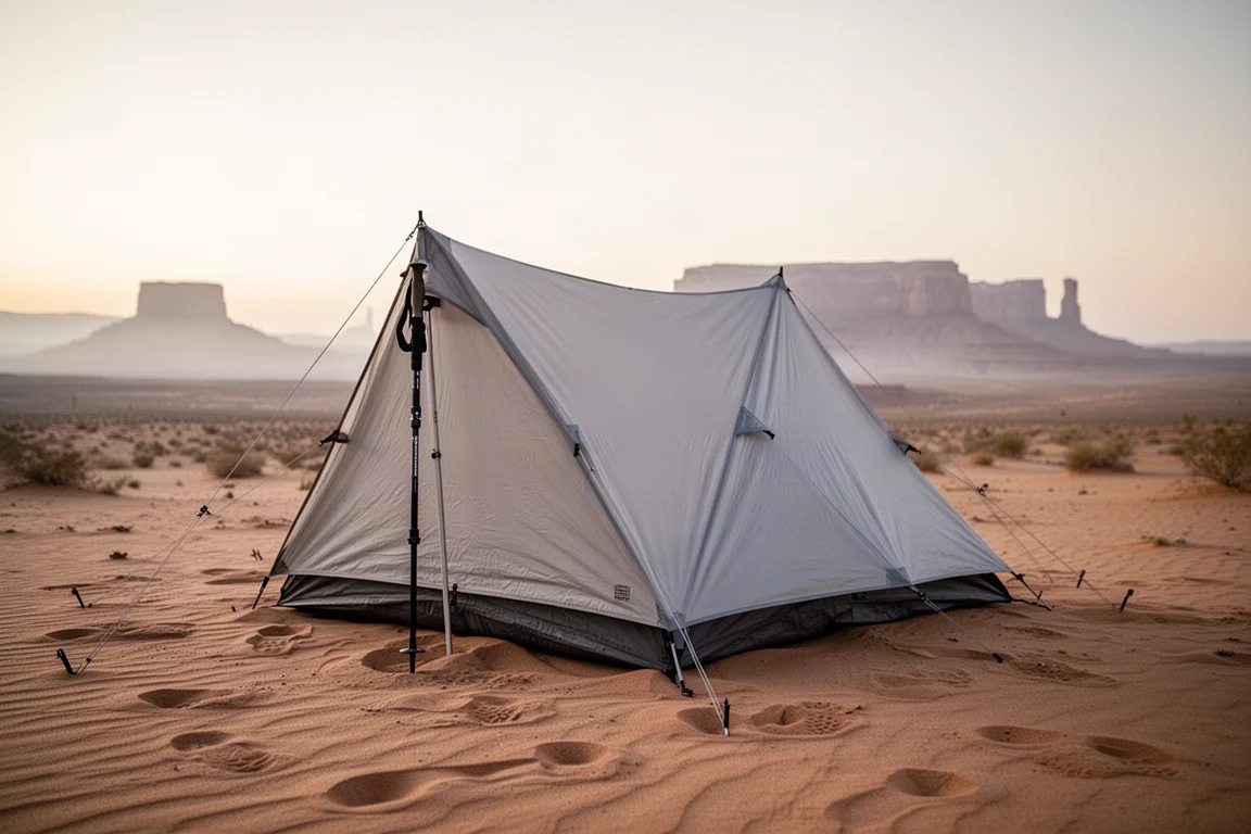 Ultralichte trekkingstok-tent opgezet op een zanderige woestijncamping bij schemering
