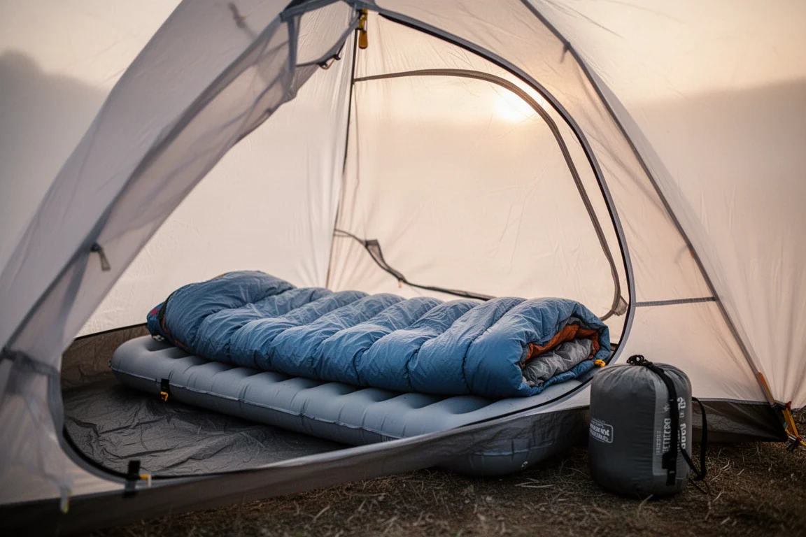 Opgeblazen slaapmat en quilt in een kleine tent bij het eerste licht