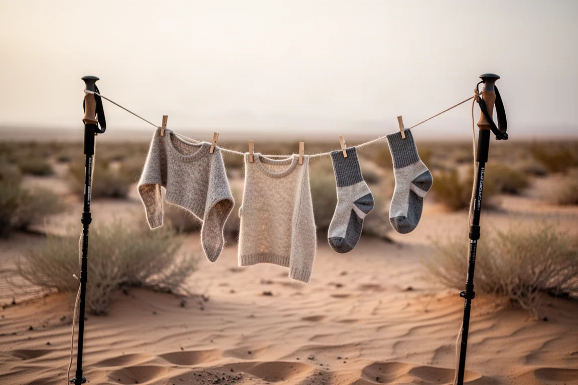 Wollen kleding en wandelsokken drogen aan een lijn op een woestijnkamp