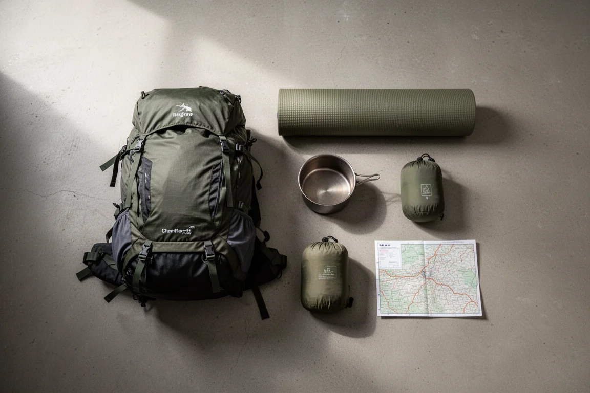 Plat bovenaanzicht van een complete ultralichte backpackingkit op beton