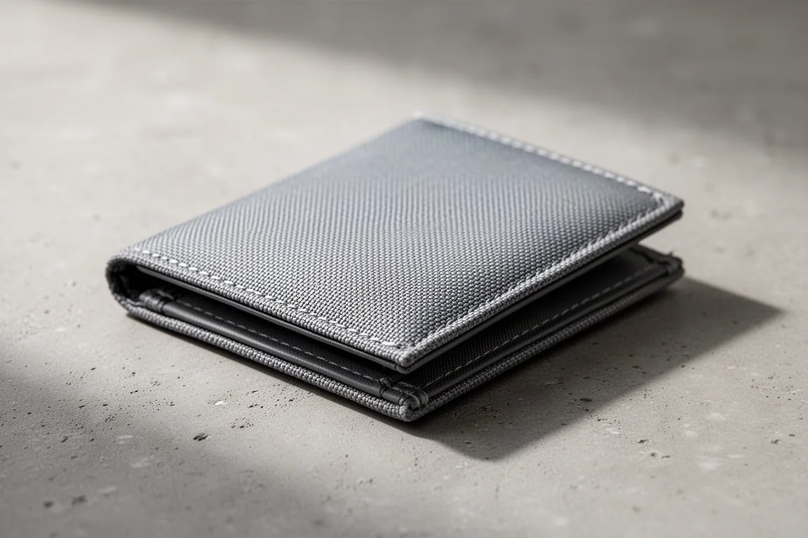 Slim Cordura wallet pouch with stitching detail on a concrete surface